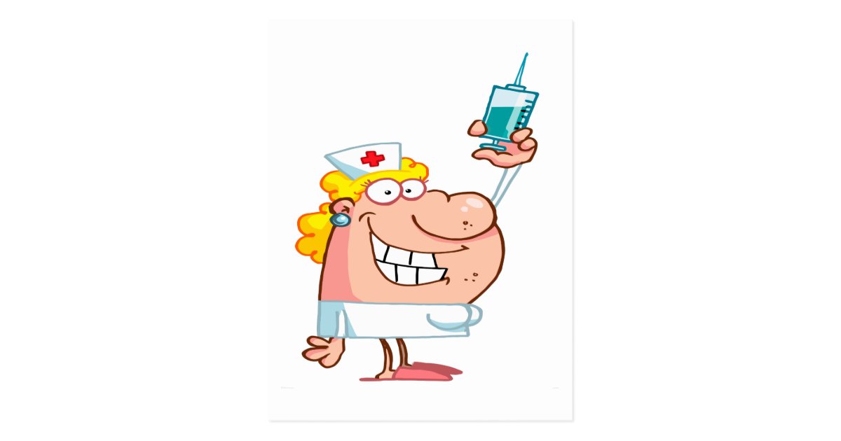 funny nurse with a syringe cartoon postcard | Zazzle.com