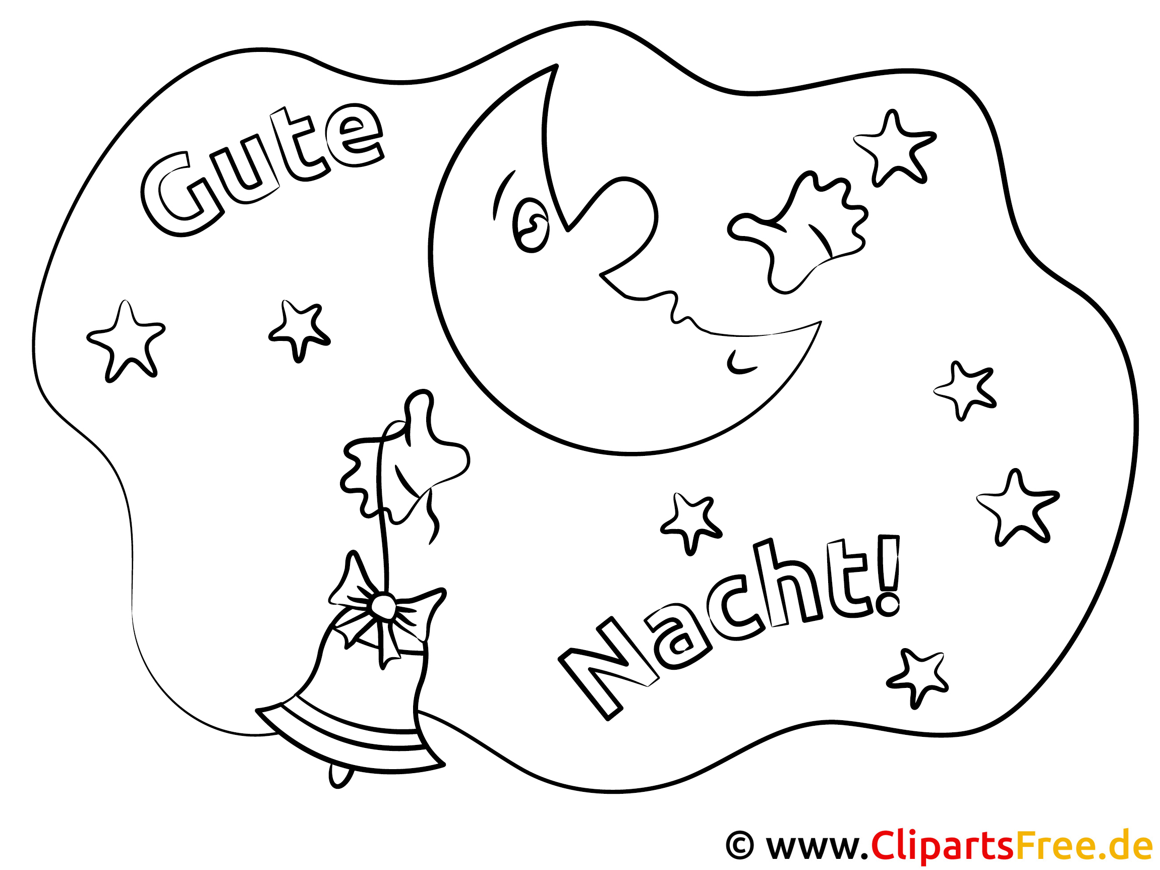 Mond Glocke Gute Nacht Ausmalbilder für Kinder kostenlos ausdrucken