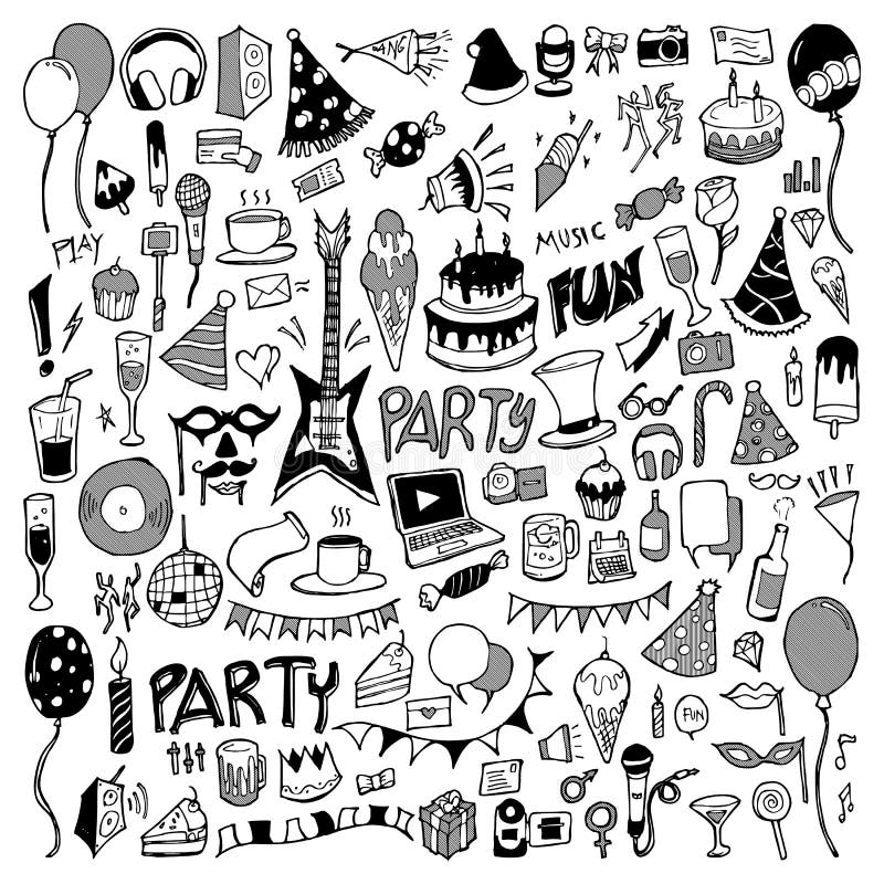 Set of Party Drawing Illustration Hand Drawn Doodle Sketch Line Vector