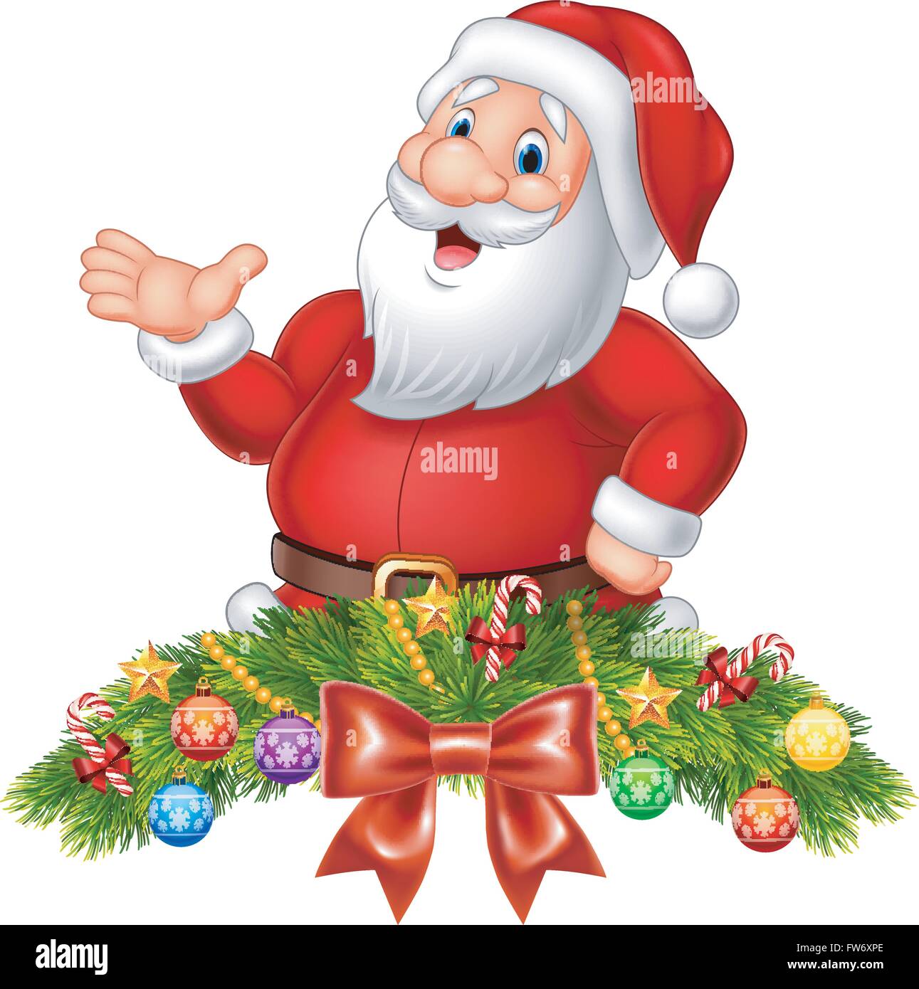 Cartoon funny Santa Claus waving hand with Christmas decoration Stock