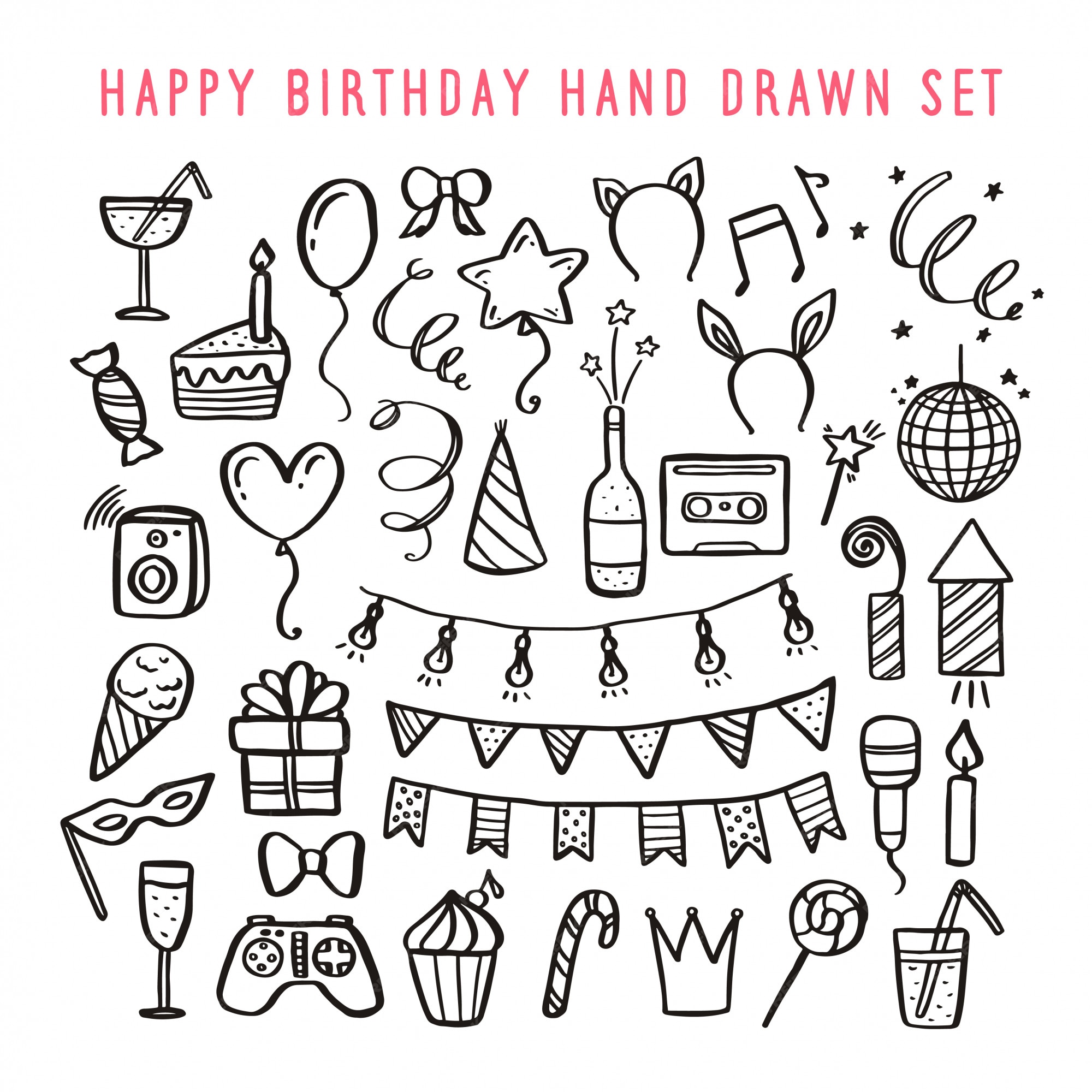 Premium Vector | Happy birthday hand drawn set. vector vintage