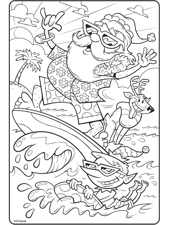 surfing santa coloring page