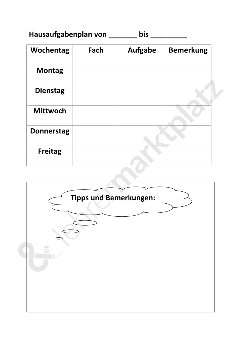 hausaufgabenplaner vorlage